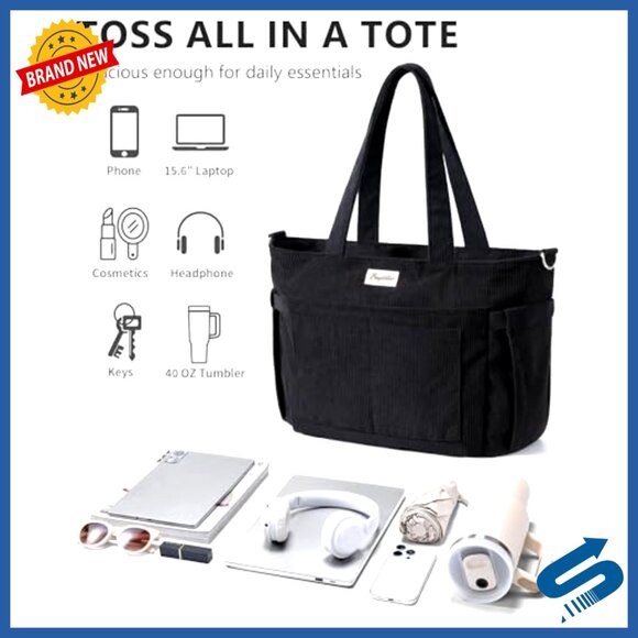 Corduroy Tote Bag Lightweight Multi Pocket Laptop Work Travel Shoulder Purse - Picture 5 of 7